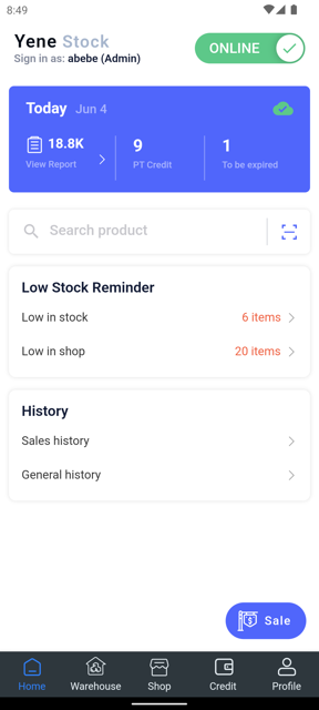 Yene Stock dashboard showing today's sales, low-stock reminders and history